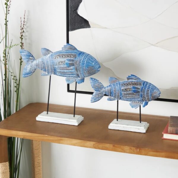 Polystone Tribal Patterned Fish Decorative Sculpture with White Carvings and Mirrored Accents